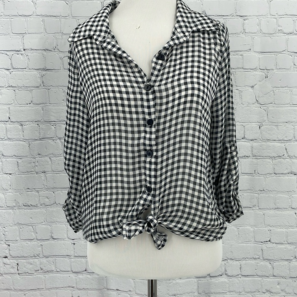 Gingham American Rag Small Plaid Tie Front High Low Blouse